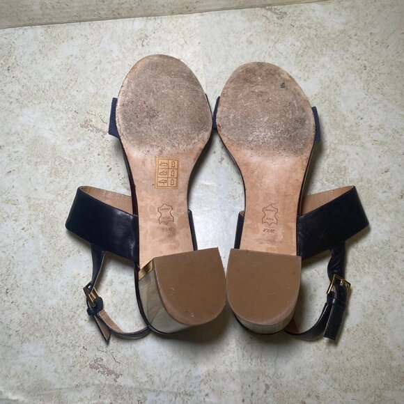 Tory Burch Black Leather Block Heel Sandals With Gold Accent - Picture 9 of 11